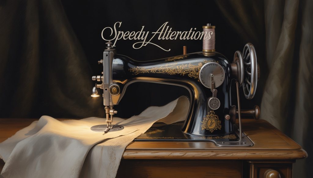 Speedy alterations logo with vintage sewing machine on a table.